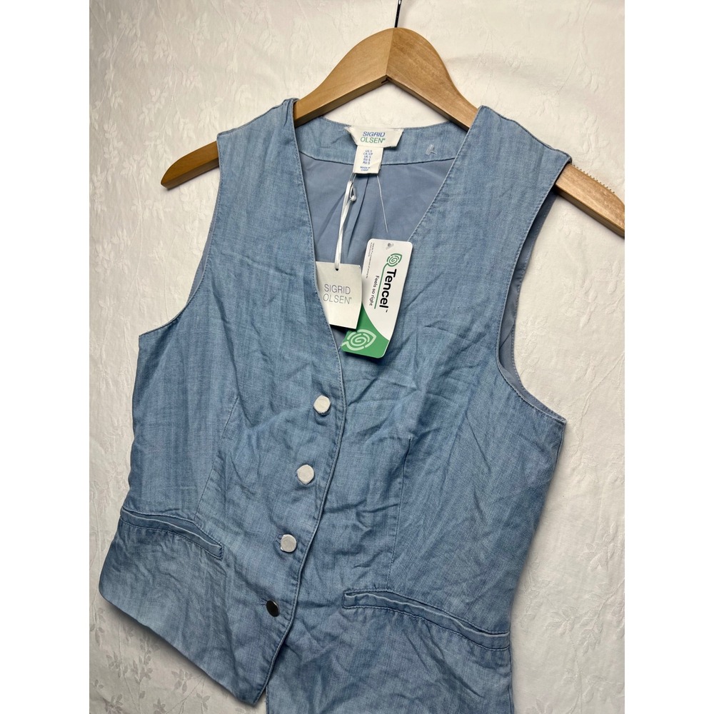 Sigrid Olsen Blue Denim Vest Top Tencel Lightweight Sleeveless Button Front S - Picture 8 of 13